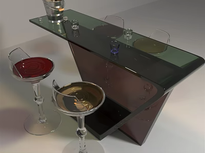 Modern Glass Top Bar Counter with Red Gold Bar Stools and Glassware 3d model