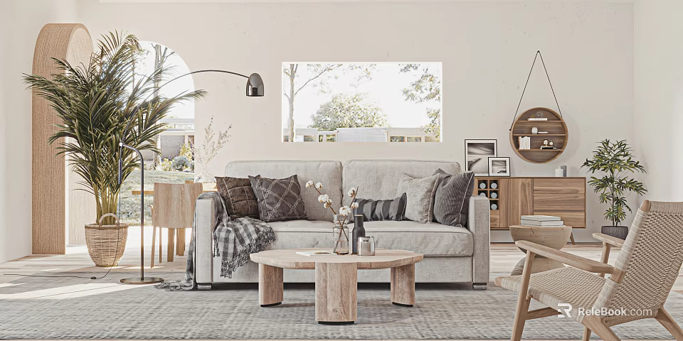 Modern Cozy Living Room Interior With Beige Sofa Pillows Wooden Coffee Table Rug And Window 3d model 