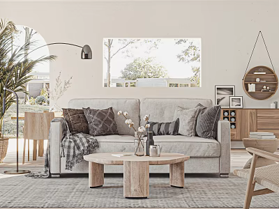 Modern Cozy Living Room Interior With Beige Sofa Pillows Wooden Coffee Table Rug And Window 3d model