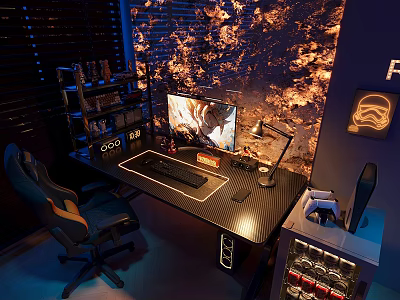 Gaming Entertainment Room With Decorative Rock Wall Ergonomic Chair Monitor Game Controller And Mini Fridge 3d model