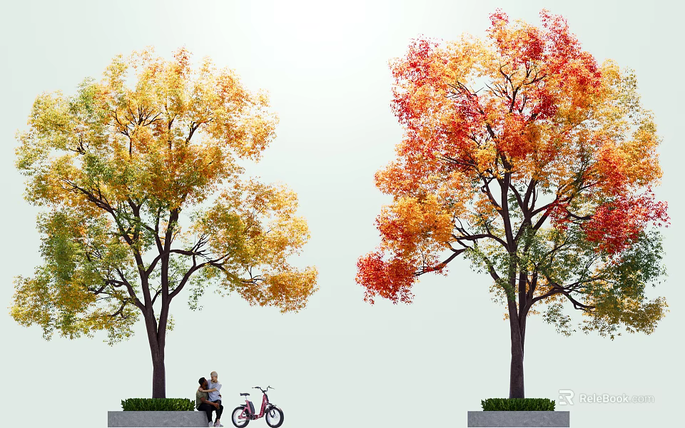 Two People Sitting Under Colorful Trees With Pink Bicycle And Yellow Green Red Leaves 3d model 