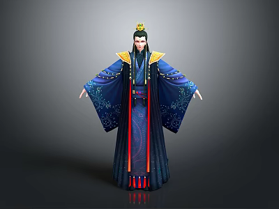 Ancient Game Movie Character in Blue Robe with Golden Crown Red Sash and Intricate Patterns 3d model