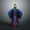 Ancient Game Movie Character in Blue Robe with Golden Crown Red Sash and Intricate Patterns