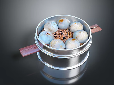 Steamed Buns in Silver Steamer with Wooden Handles and Bamboo Mat 3d model