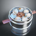 Steamed Buns in Silver Steamer with Wooden Handles and Bamboo Mat