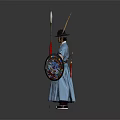 Ancient Warrior in Traditional Blue Robe Feathered Hat Holding Spear and Creature Decorated Shield