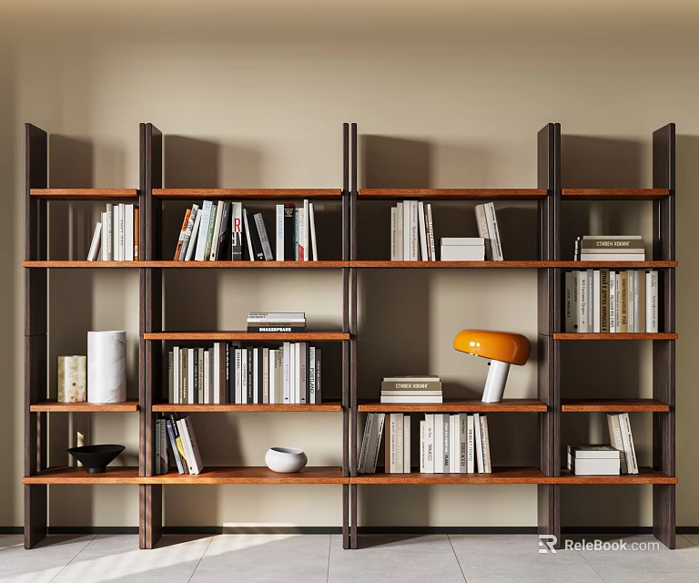 Modern Wooden Bookshelf With Multiple Shelves Books Decorative Lamp And Vase 3d model 