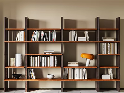 Modern Wooden Bookshelf With Multiple Shelves Books Decorative Lamp And Vase 3d model