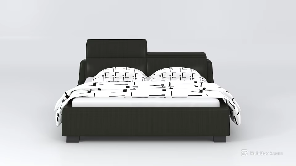 Modern Double Bed With Black Frame Headboard White Sheets And Black Geometric Patterns 3d model
