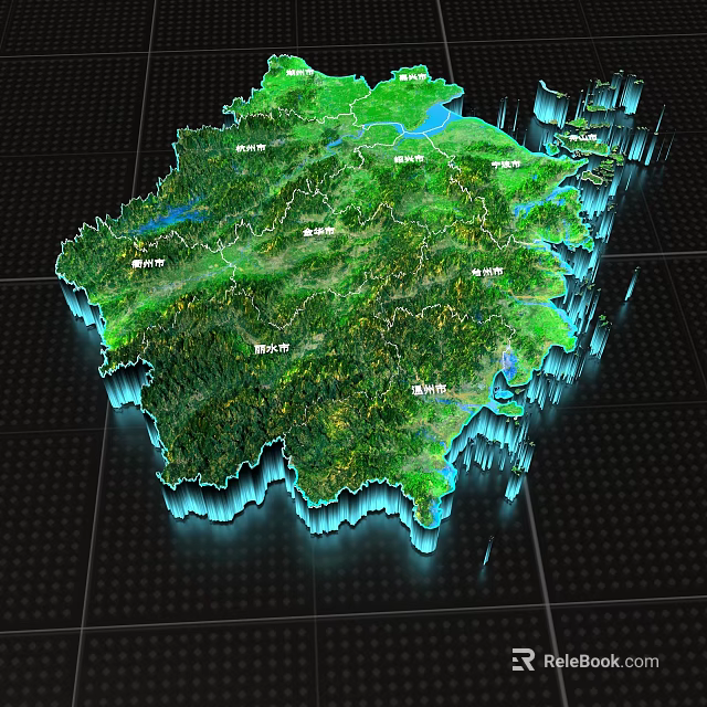3D Geographical Map Visualization With Mountainous Terrain Rivers And Place Names 3d model 