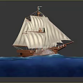 Detailed Vintage Sailing Ship Model With Brown Hull And White Sails On Blue Water Surface