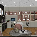 Elegant Boutique Interior With Chandelier Display Cabinets Tables Chairs Wooden Flooring And Round Mirror