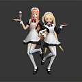 Anime Game Characters In Black White Maid Outfits Holding Trays With Drinks And Food