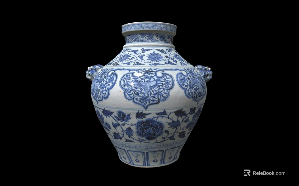 Traditional Blue and White Ceramic Vessel With Floral Patterns And Double Handles 3d model 
