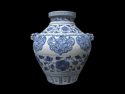 Traditional Blue and White Ceramic Vessel With Floral Patterns And Double Handles 3d model