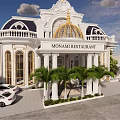 Elegant White Detached Villa With Golden Dome Columns Palm Trees And White Cars