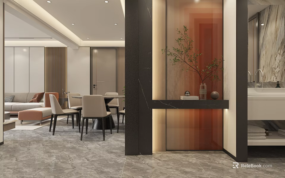 Modern Dining and Living Room Interior With Sofa Dining Table And Decorative Plant 3d model 