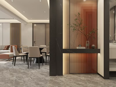 Modern Dining and Living Room Interior With Sofa Dining Table And Decorative Plant 3d model