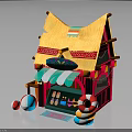 Vibrant Beach Hut Building Featuring Thatched Roof Green White Striped Awning Lifebuoy And Colorful Balls