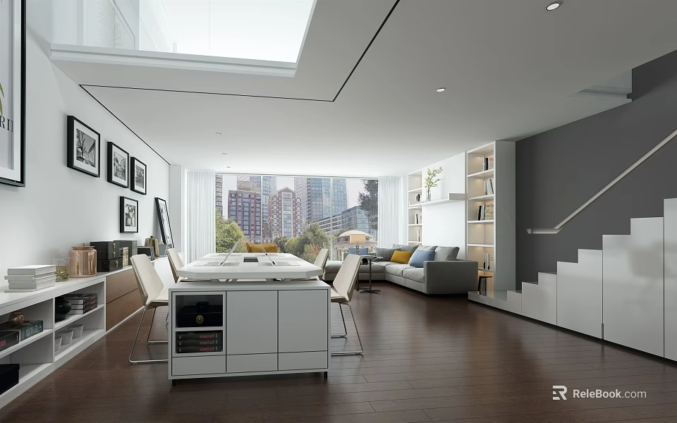 Modern Apartment With Large Windows City View White Open Kitchen Wooden Flooring And Grey Sofa 3d model 