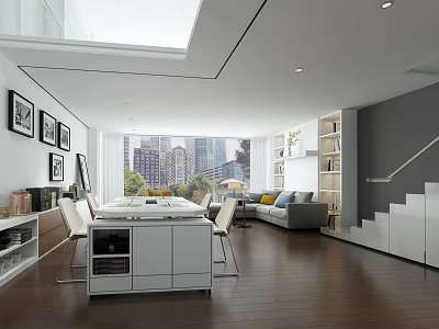 Modern Apartment With Large Windows City View White Open Kitchen Wooden Flooring And Grey Sofa 3d model