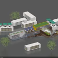 Shipping Container Building Design With Outdoor Seating Green Umbrellas And Trees