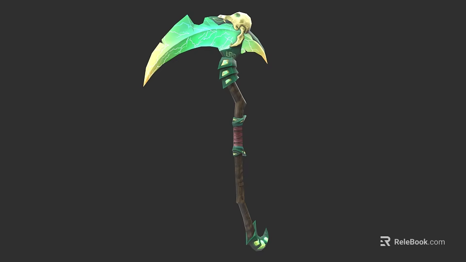 Green Scythe Weapon With Skull Decoration And Wooden Handle Design 3d model 