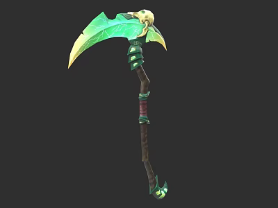 Green Scythe Weapon With Skull Decoration And Wooden Handle Design 3d model