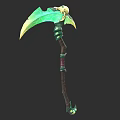 Green Scythe Weapon With Skull Decoration And Wooden Handle Design