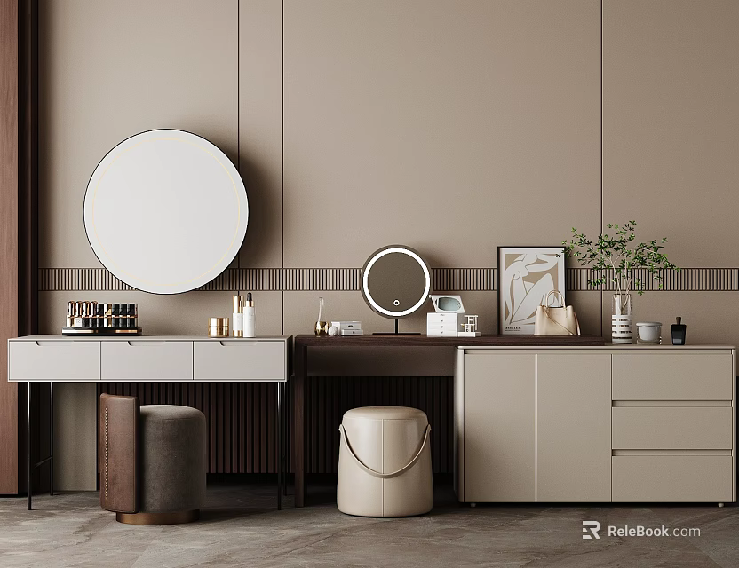 Modern Dressing Table Interior With Round Mirror Stool Cabinet And Decorative Accents 3d model 