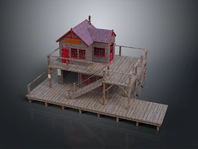 Two Story Wooden House With Red Doors And Windows And Staircase On Elevated Wooden Deck 3d model