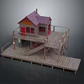 Two Story Wooden House With Red Doors And Windows And Staircase On Elevated Wooden Deck