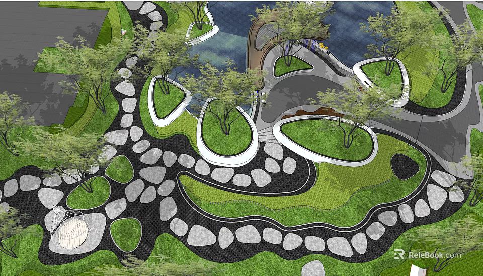 Garden Landscape Design With Curved Stone Pathways Lawn Areas Trees And Water Features 3d model 