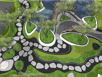 Garden Landscape Design With Curved Stone Pathways Lawn Areas Trees And Water Features 3d model