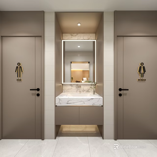 Modern Public Restroom Washbasin With Marble Countertop Mirror And Gender Doors 3d model 