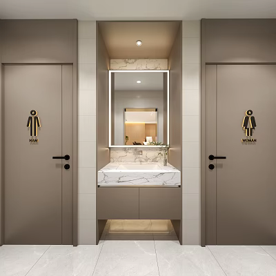 Modern Public Restroom Washbasin With Marble Countertop Mirror And Gender Doors 3d model