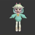 Cute Cartoon Character With Pink Horns Light Green Hoodie Pink Bell Purple Hair Green Eyes
