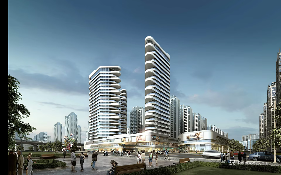 Modern High Rise Buildings in Urban Commercial Area With Pedestrians and Greenery 3d model 