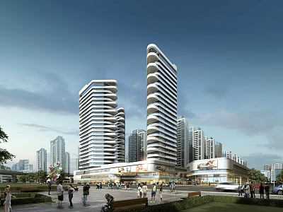 Modern High Rise Buildings in Urban Commercial Area With Pedestrians and Greenery 3d model