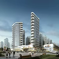 Modern High Rise Buildings in Urban Commercial Area With Pedestrians and Greenery