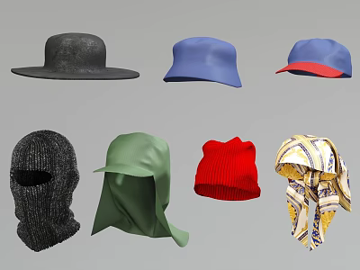 Stylish Hats With Black Wide Brim Blue Short Brim Green Balaclava Red Beanie Patterned Headscarf 3d model