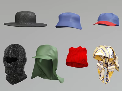 Stylish Hats With Black Wide Brim Blue Short Brim Green Balaclava Red Beanie Patterned Headscarf 3d model