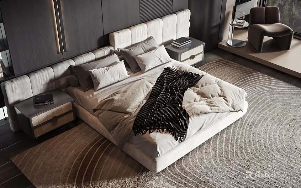 Modern Double Bed with Upholstered Headboard Pillows Blanket Bedside Tables and Wavy Rug 3d model 