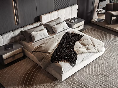 Modern Double Bed with Upholstered Headboard Pillows Blanket Bedside Tables and Wavy Rug 3d model