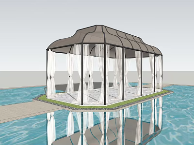 Water Pavilion With Black Roof And White Curtains Floating On Pool With Wooden Walkway 3d model