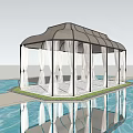 Water Pavilion With Black Roof And White Curtains Floating On Pool With Wooden Walkway