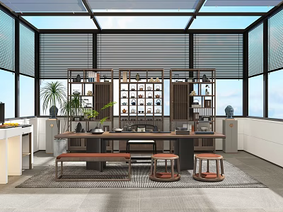 Modern Chinese Style Tea Room Interior With Glass Roof And Display Shelves 3d model