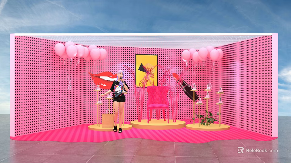 Pink Themed Live Stream Room With Grid Wall Balloons Red Chair And Host 3d model 