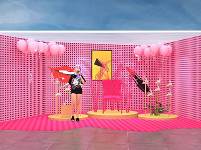 Pink Themed Live Stream Room With Grid Wall Balloons Red Chair And Host 3d model