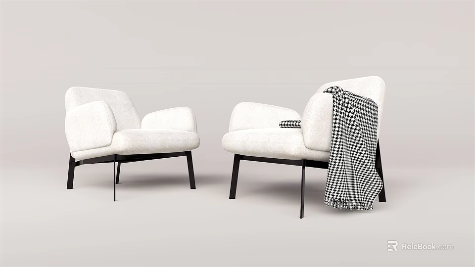 Modern White Single Sofa With Black Legs And Black And White Checkered Blanket 3d model 
